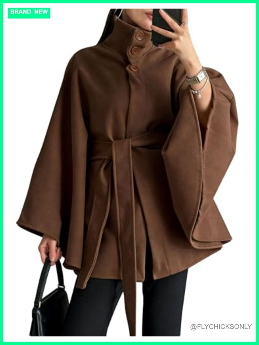 Wool Blend Poncho Cape Coat Batwing Sleeve Belted Trench Outerwear